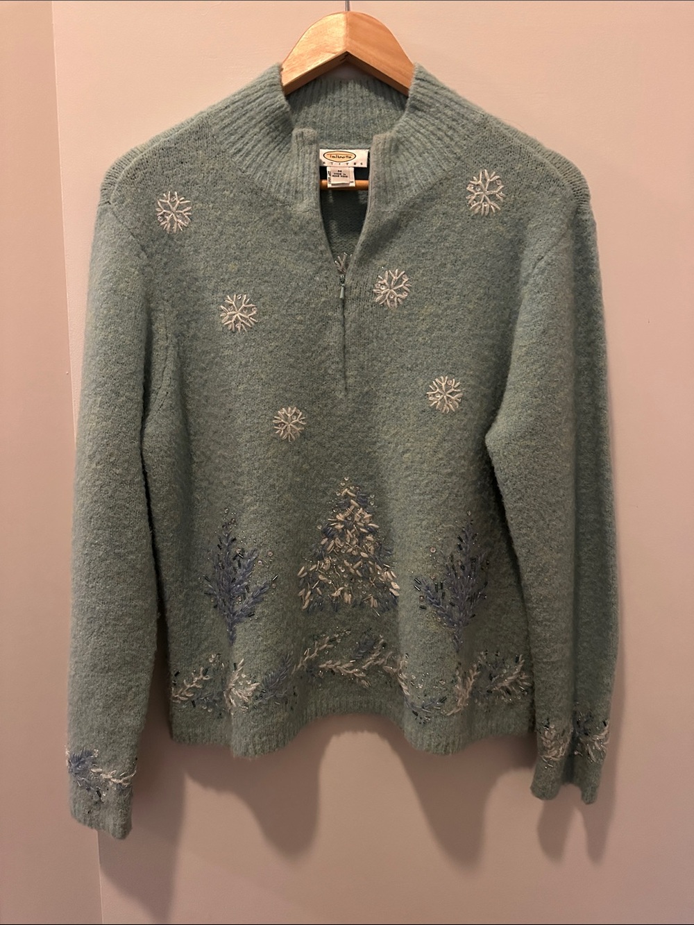 Talbots Sage Green Embroidered Cowl-Neck Sweater